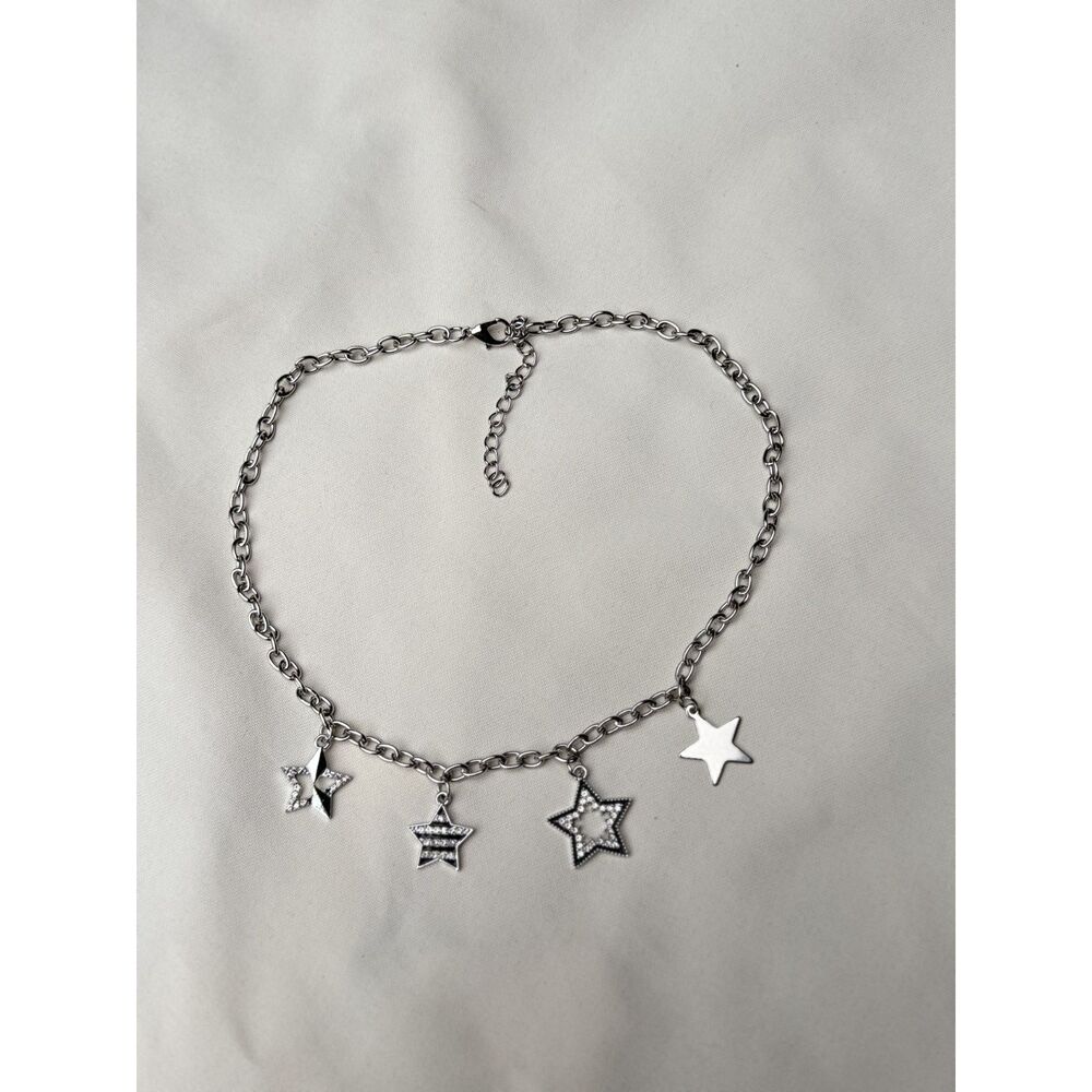 Y2K Silver Star Charm Necklace Rhinestone Celestial Chain Jewelry